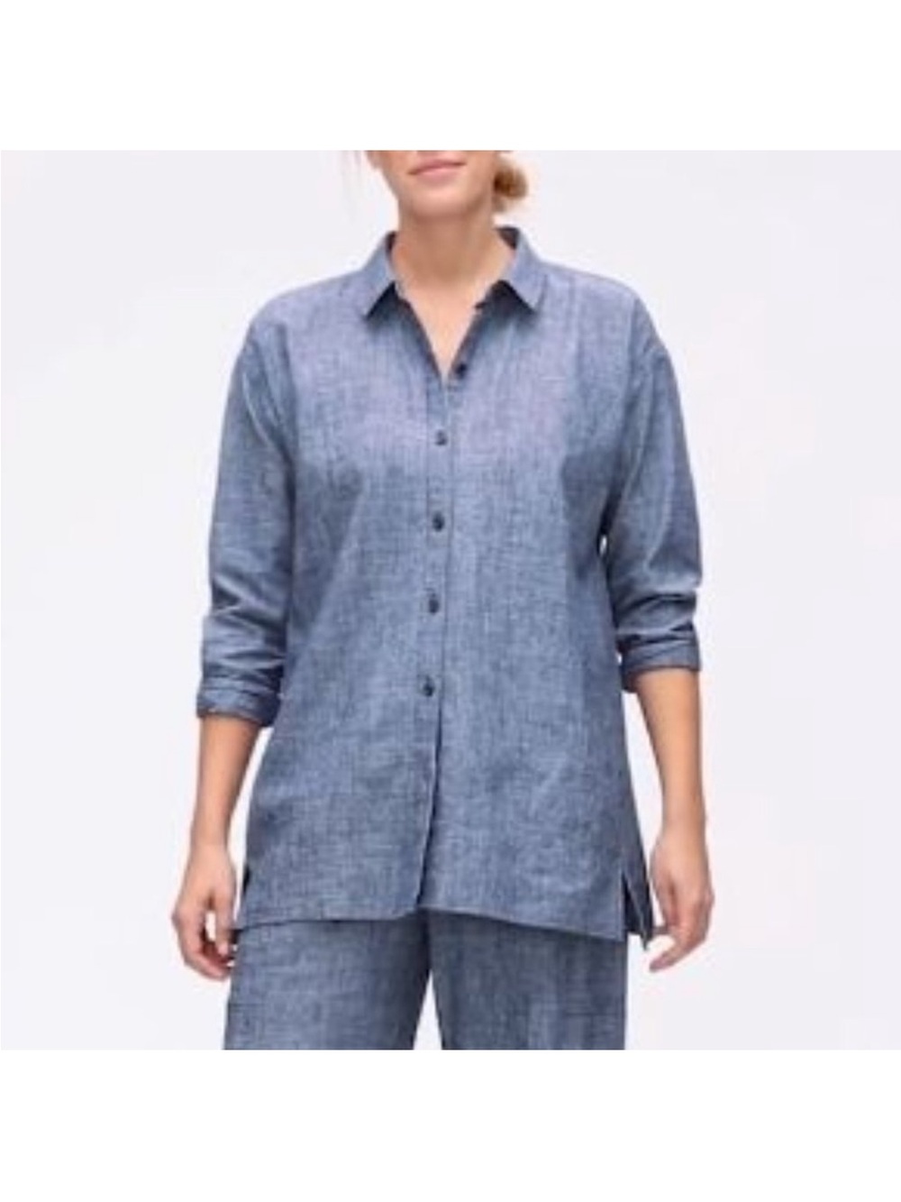 Eileen Fisher Hemp Organic Cotton Chambray Button-Down Shirt LG
